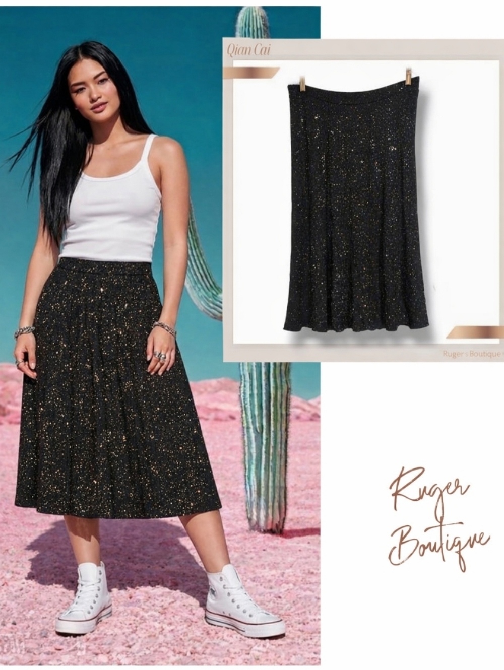 🌿Qian Cai Women's Size 15 (Med/Large) Black Sequin Lined Skirt